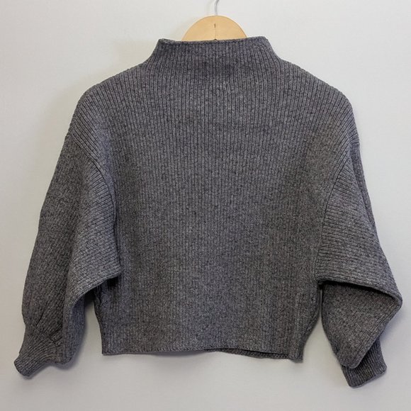 Boxy Mock Neck Balloon Sleeve Cropped Ribbed Knit Sweater - Picture 2 of 8